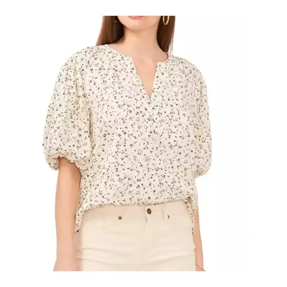 NEW Vince Camuto Raglan Puff Sleeve Split Neck Blouse Metallic Floral Cream M
